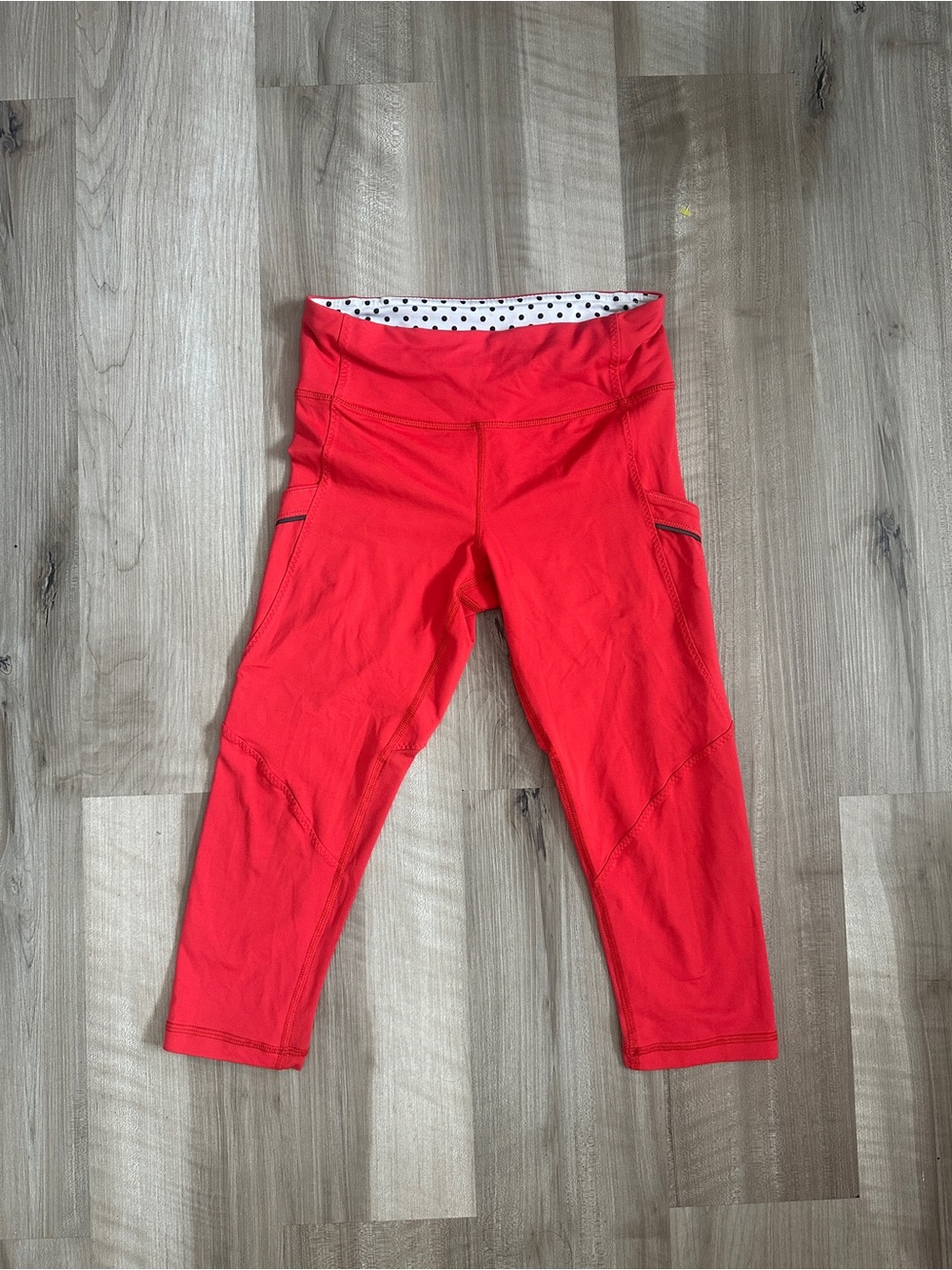 Lululemon Red Capri Leggings with a Polka Dot Inner Waistband